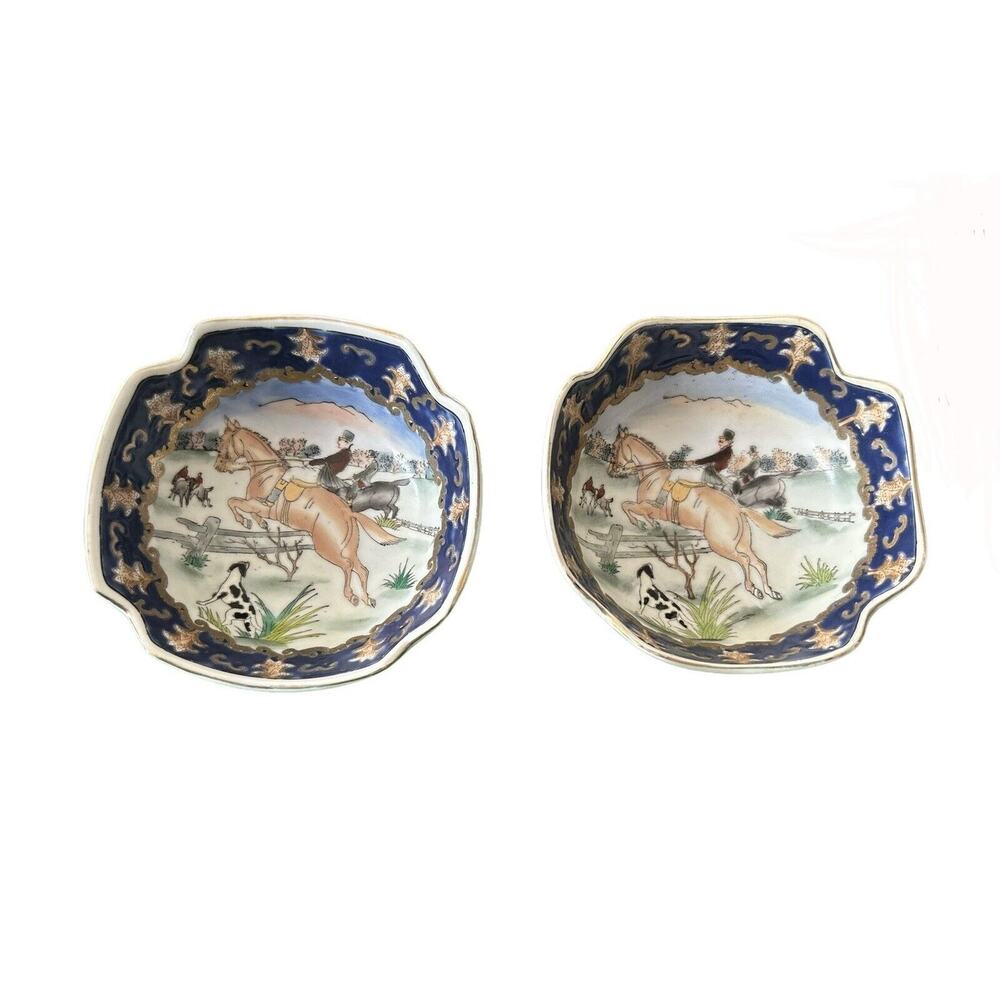 RARE! Antique WBI China Porcelain Enamel Bowl Hunters & Dogs Set Of 2